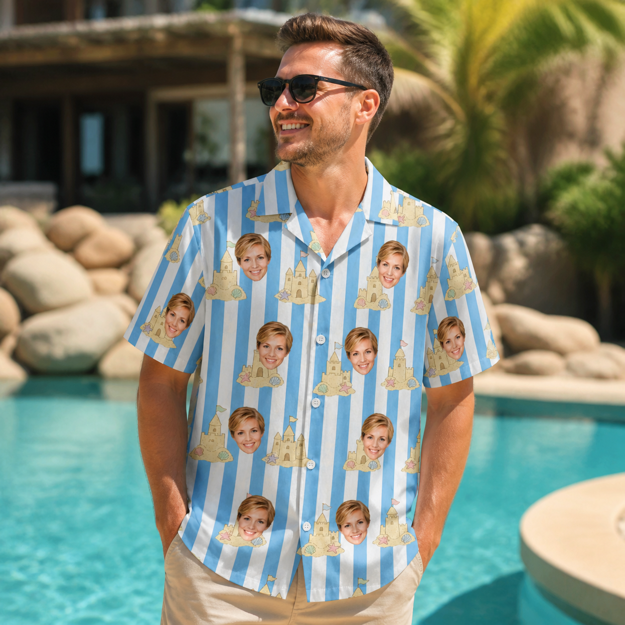 Real-life photo of someone wearing Men's Sandcastle Safari Custom Face Hawaiian Shirt — custom faces printed all-over
