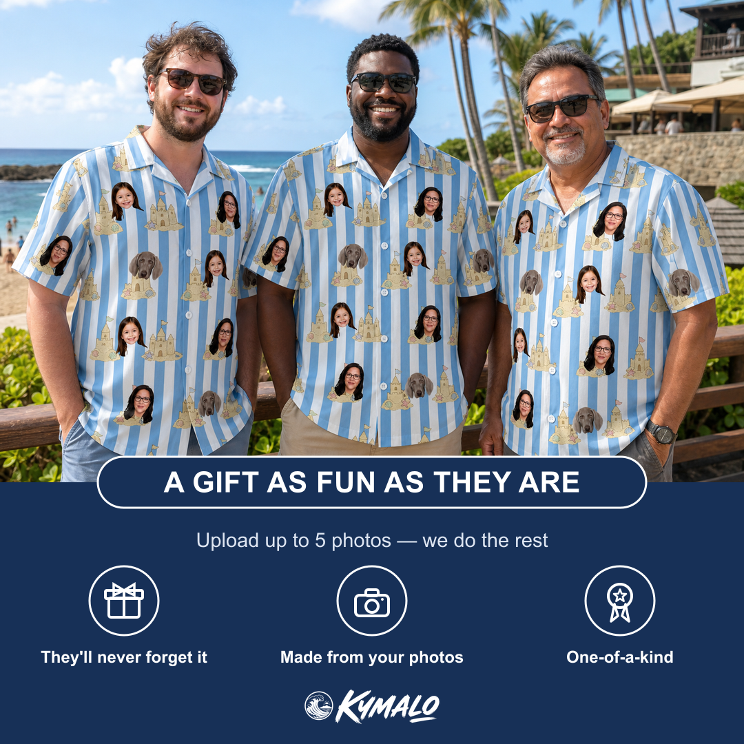 Friends in matching Men's Sandcastle Safari Custom Face Hawaiian Shirt — a group gift photo