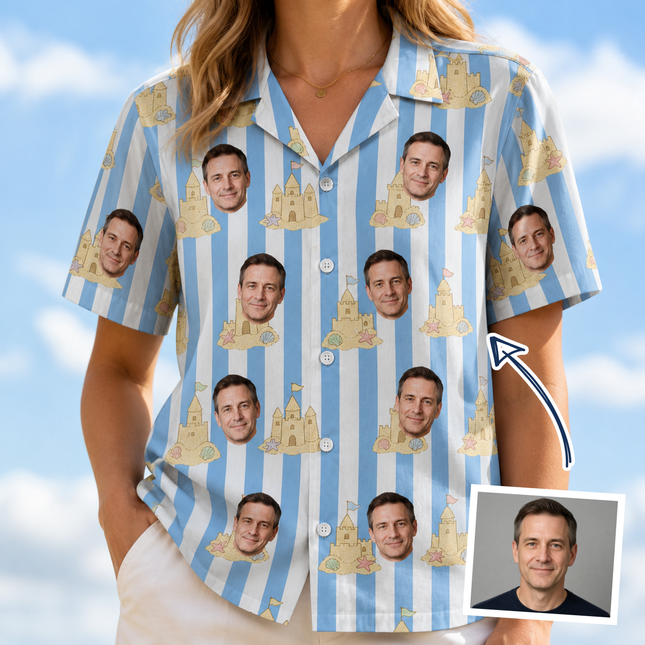 Woman wearing Women's Sandcastle Safari Custom Face Hawaiian Shirt — custom faces printed all-over