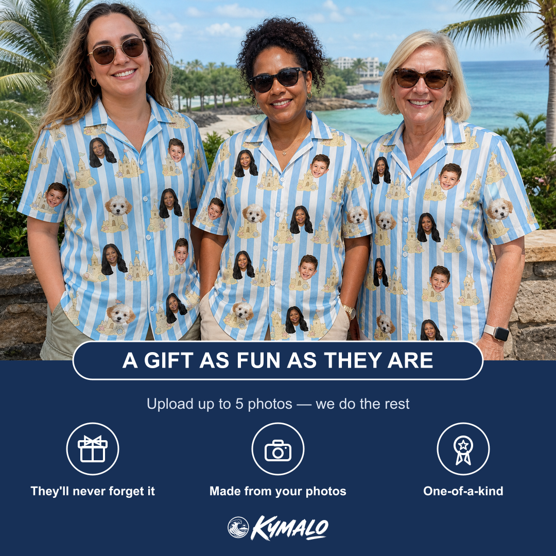 Friends in matching Women's Sandcastle Safari Custom Face Hawaiian Shirt — a group gift photo
