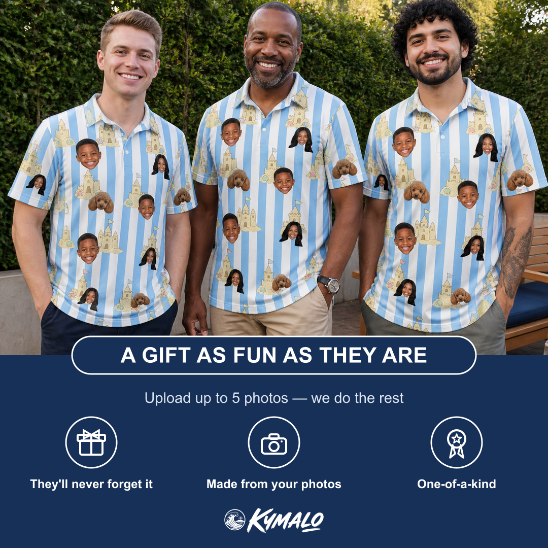 Friends in matching Men's Sandcastle Safari Custom Face Polo Shirt — a group gift photo