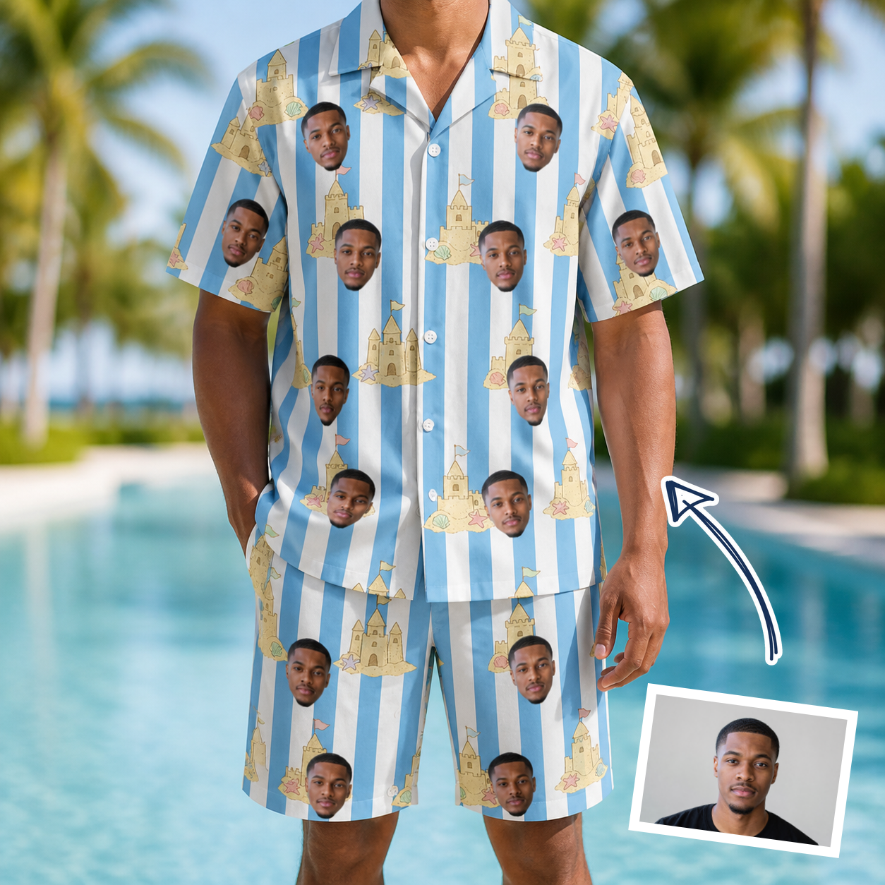 Man wearing Men's Sandcastle Safari Custom Face Shirt & Shorts Set — custom faces printed all-over