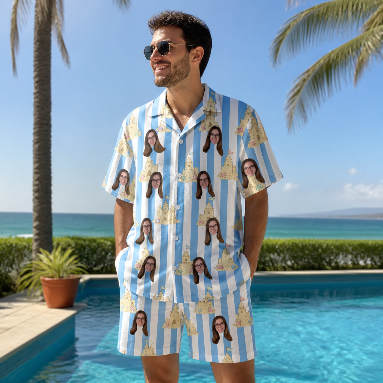 Real-life photo of someone wearing Men's Sandcastle Safari Custom Face Shirt & Shorts Set — custom faces printed all-over