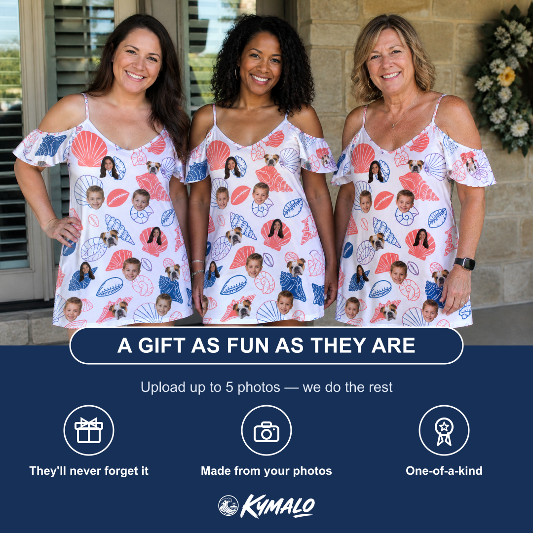 Friends in matching Women's Coastal Keepsakes Custom Face Off-Shoulder Dress — a group gift photo