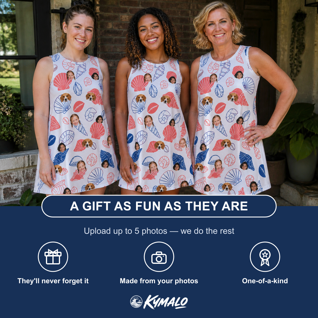 Friends in matching Women's Coastal Keepsakes Custom Face Tank Dress — a group gift photo