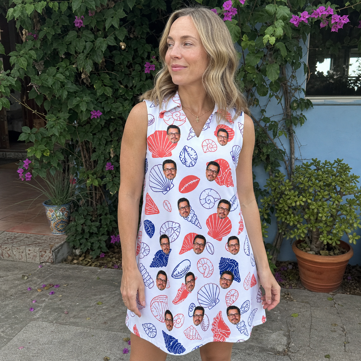 Real-life photo of someone wearing Women's Coastal Keepsakes Custom Face V-Neck Dress — custom faces printed all-over