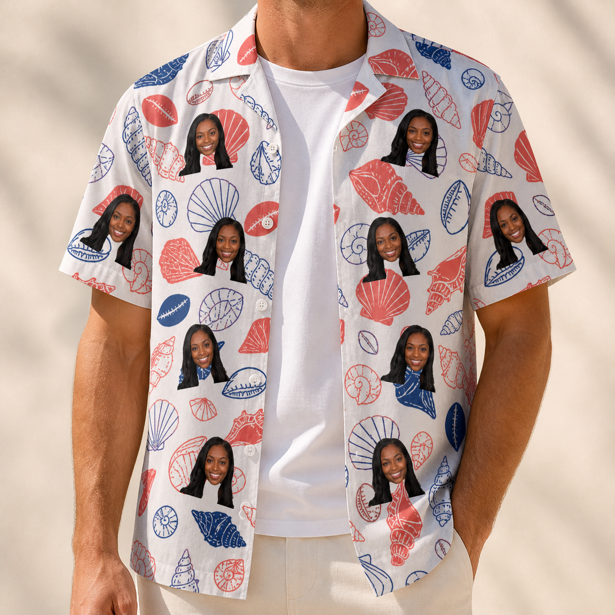 Man wearing Men's Coastal Keepsakes Custom Face Hawaiian Shirt open over a white tee