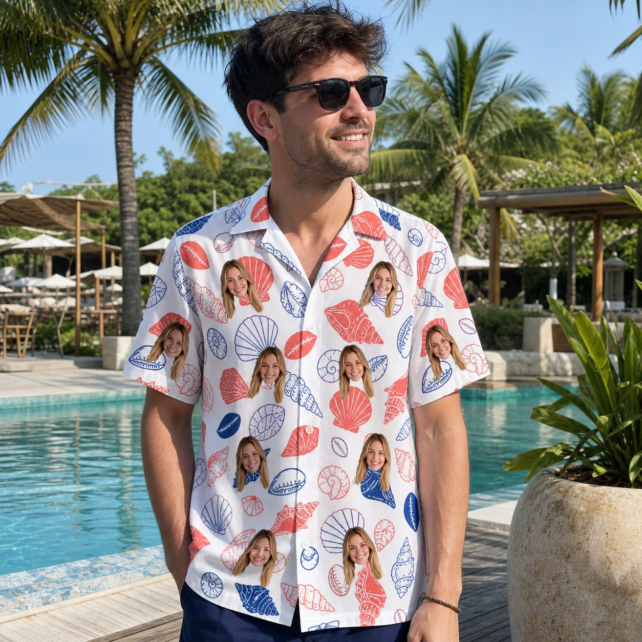 Real-life photo of someone wearing Men's Coastal Keepsakes Custom Face Hawaiian Shirt — custom faces printed all-over