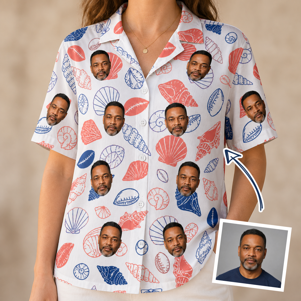 Woman wearing Women's Coastal Keepsakes Custom Face Hawaiian Shirt — custom faces printed all-over