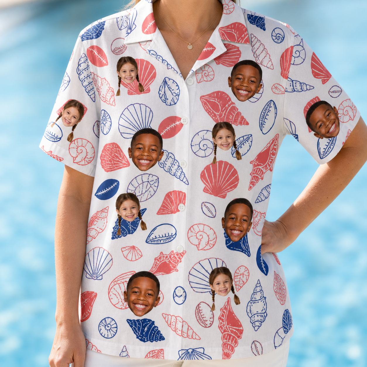 Model wearing Women's Coastal Keepsakes Custom Face Hawaiian Shirt printed with kids' faces