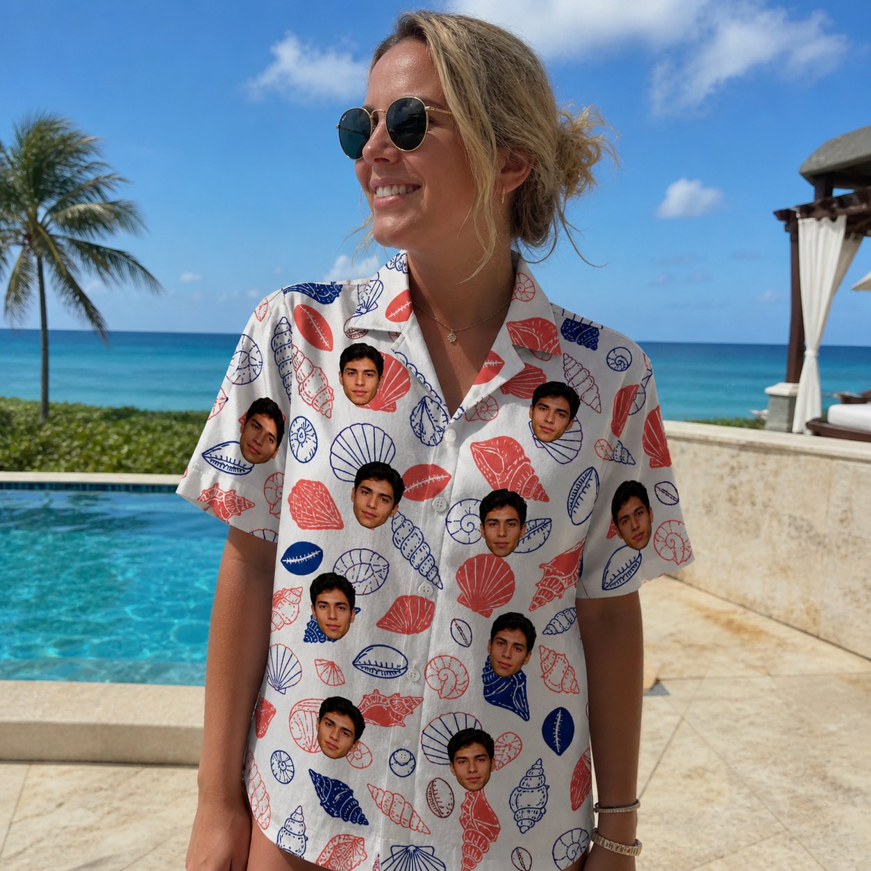 Real-life photo of someone wearing Women's Coastal Keepsakes Custom Face Hawaiian Shirt — custom faces printed all-over