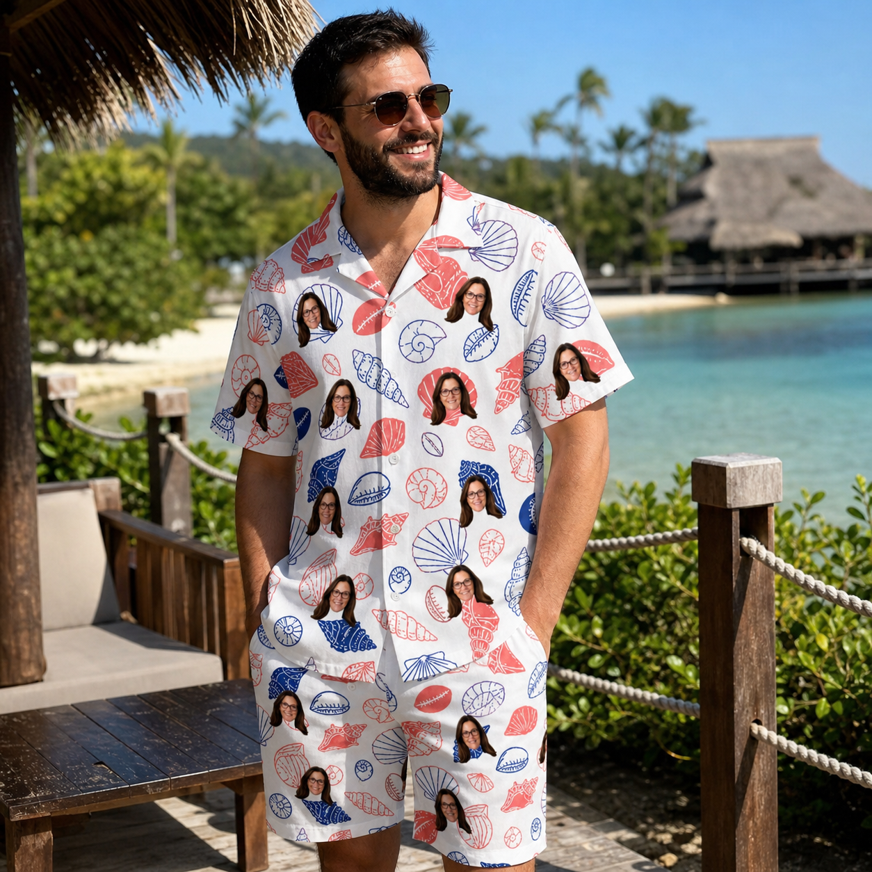 Real-life photo of someone wearing Men's Coastal Keepsakes Custom Face Shirt & Shorts Set — custom faces printed all-over
