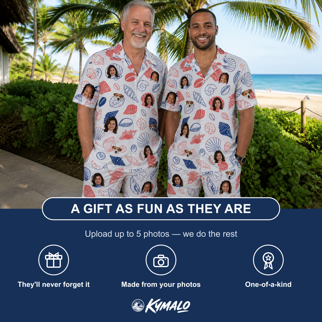 Friends in matching Men's Coastal Keepsakes Custom Face Shirt & Shorts Set — a group gift photo