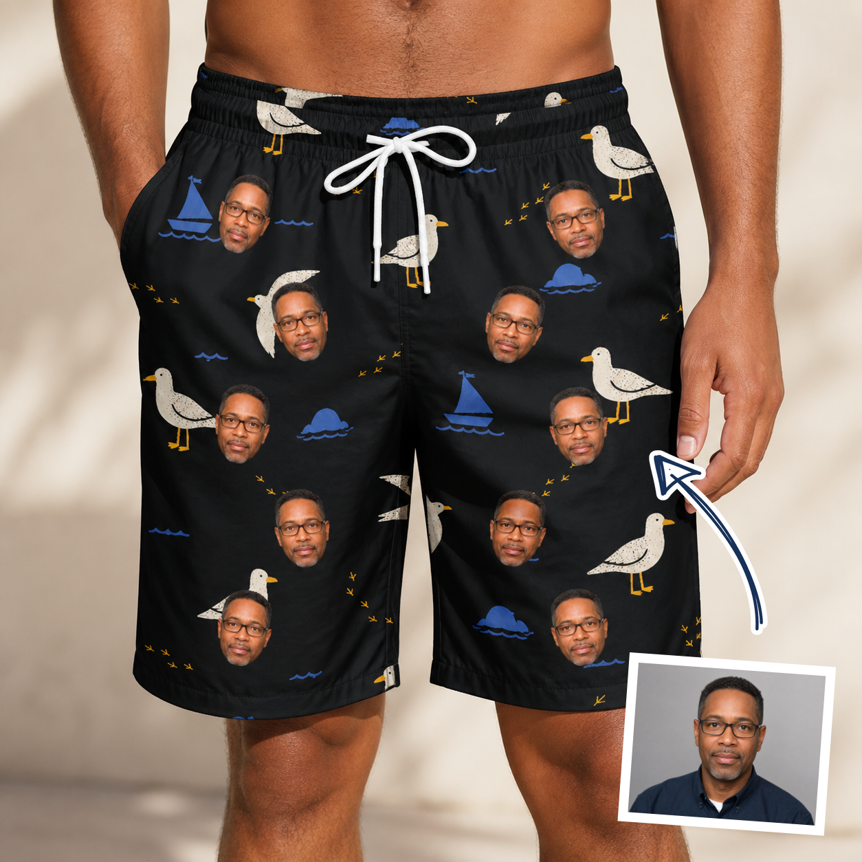 Man wearing Men's Seagullcation Custom Face Beach Shorts — custom faces printed all-over