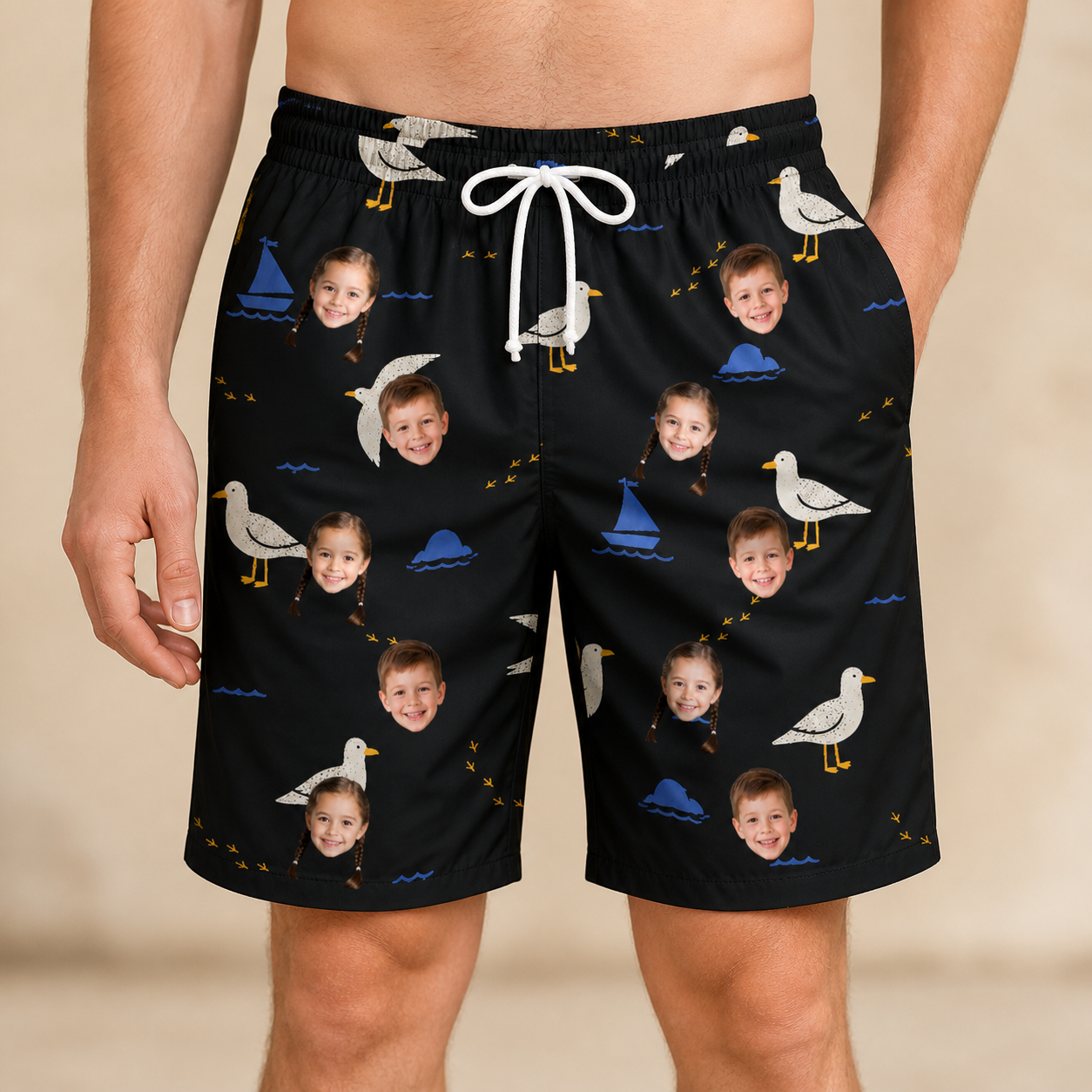 Model wearing Men's Seagullcation Custom Face Beach Shorts printed with kids' faces