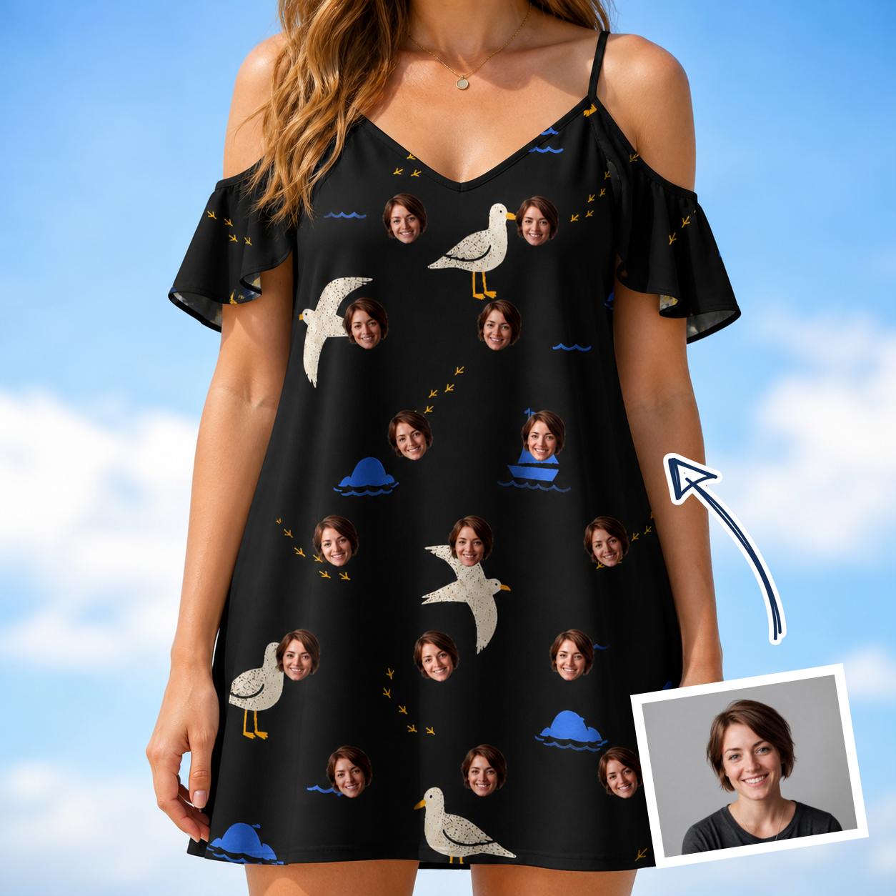 Woman wearing Women's Seagullcation Custom Face Off-Shoulder Dress — custom faces printed all-over