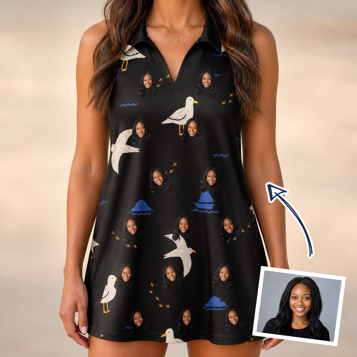 Woman wearing Women's Seagullcation Custom Face V-Neck Dress — custom faces printed all-over