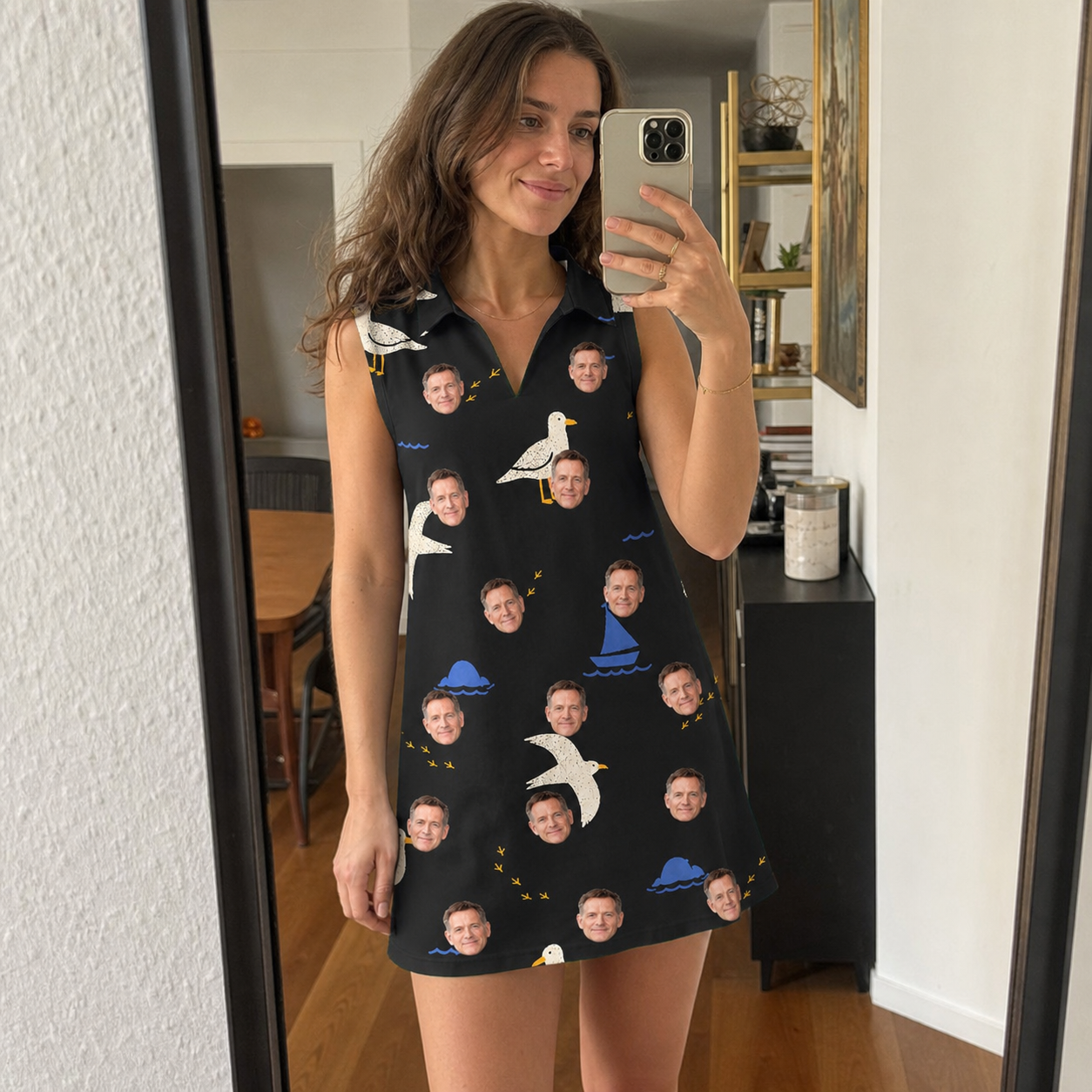 Real-life photo of someone wearing Women's Seagullcation Custom Face V-Neck Dress — custom faces printed all-over