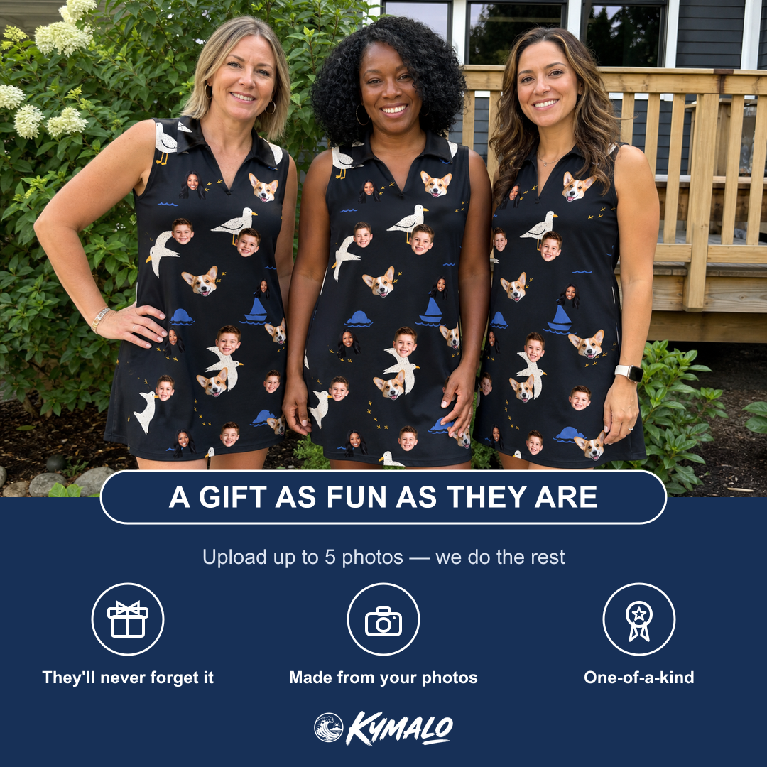 Friends in matching Women's Seagullcation Custom Face V-Neck Dress — a group gift photo