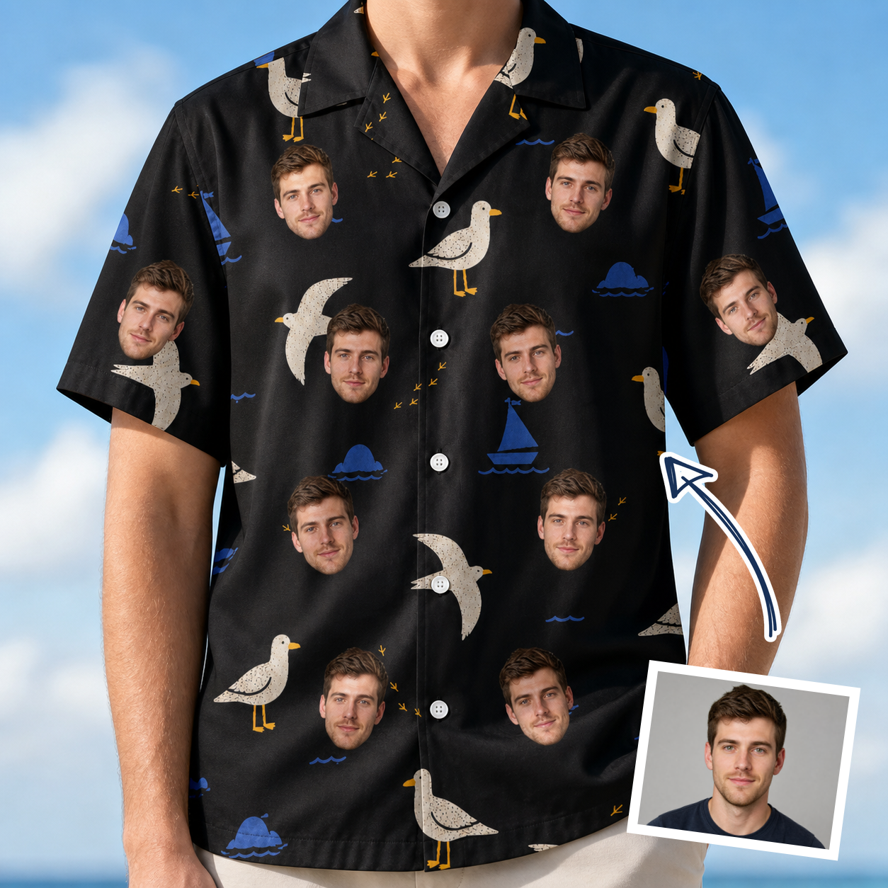 Man wearing Men's Seagullcation Custom Face Hawaiian Shirt — custom faces printed all-over