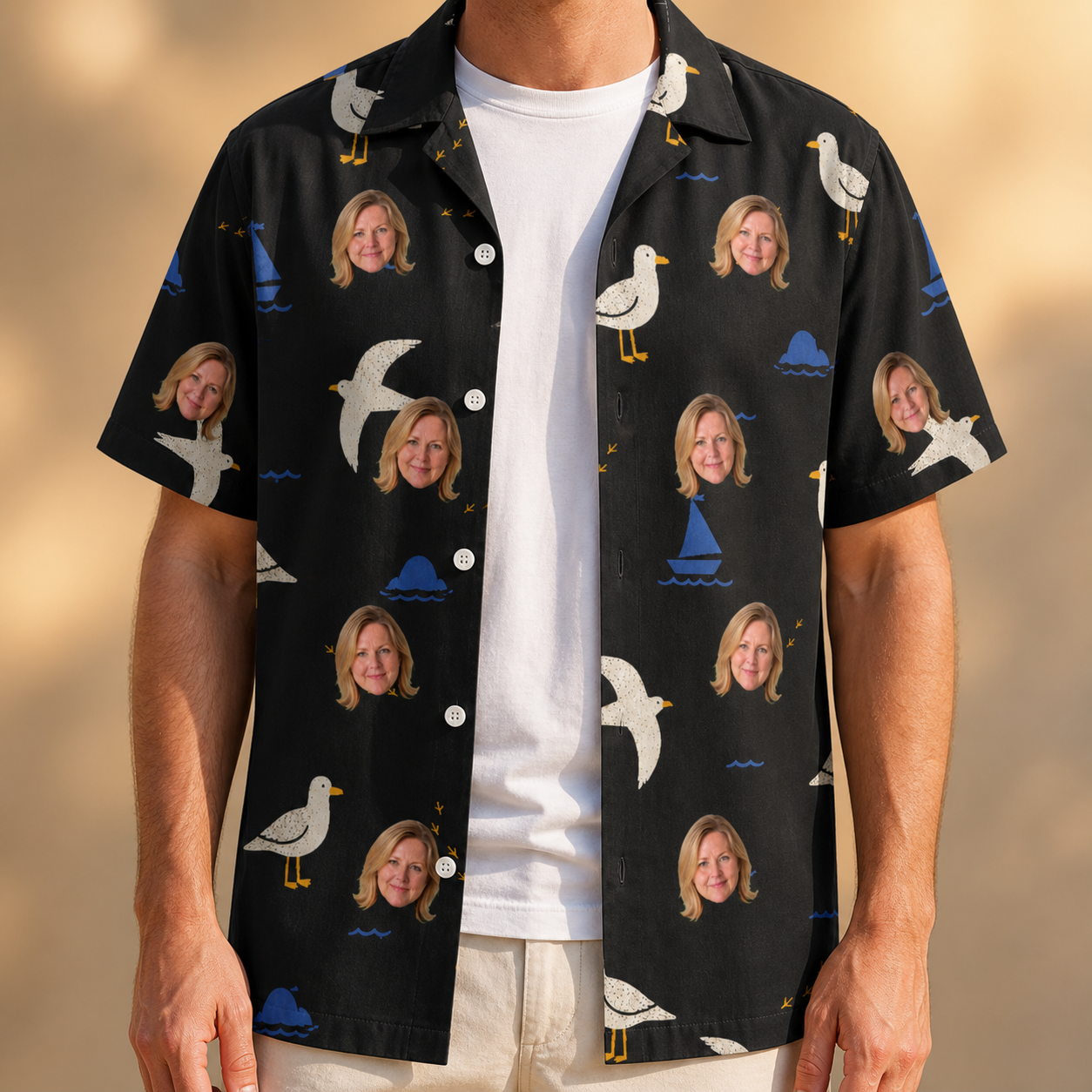 Man wearing Men's Seagullcation Custom Face Hawaiian Shirt open over a white tee