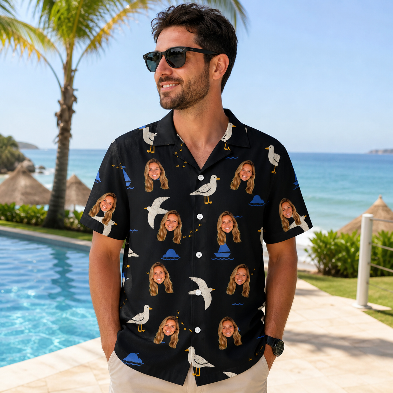 Real-life photo of someone wearing Men's Seagullcation Custom Face Hawaiian Shirt — custom faces printed all-over