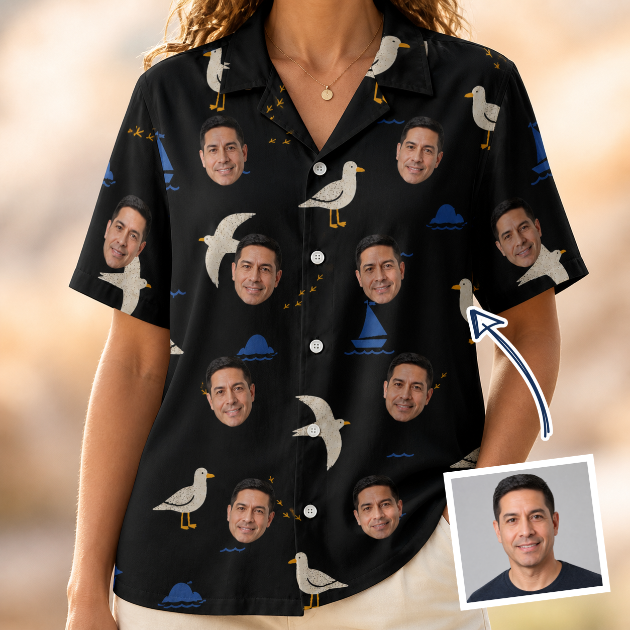 Woman wearing Women's Seagullcation Custom Face Hawaiian Shirt — custom faces printed all-over