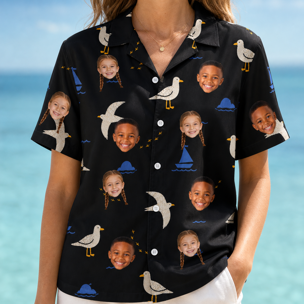 Model wearing Women's Seagullcation Custom Face Hawaiian Shirt printed with kids' faces