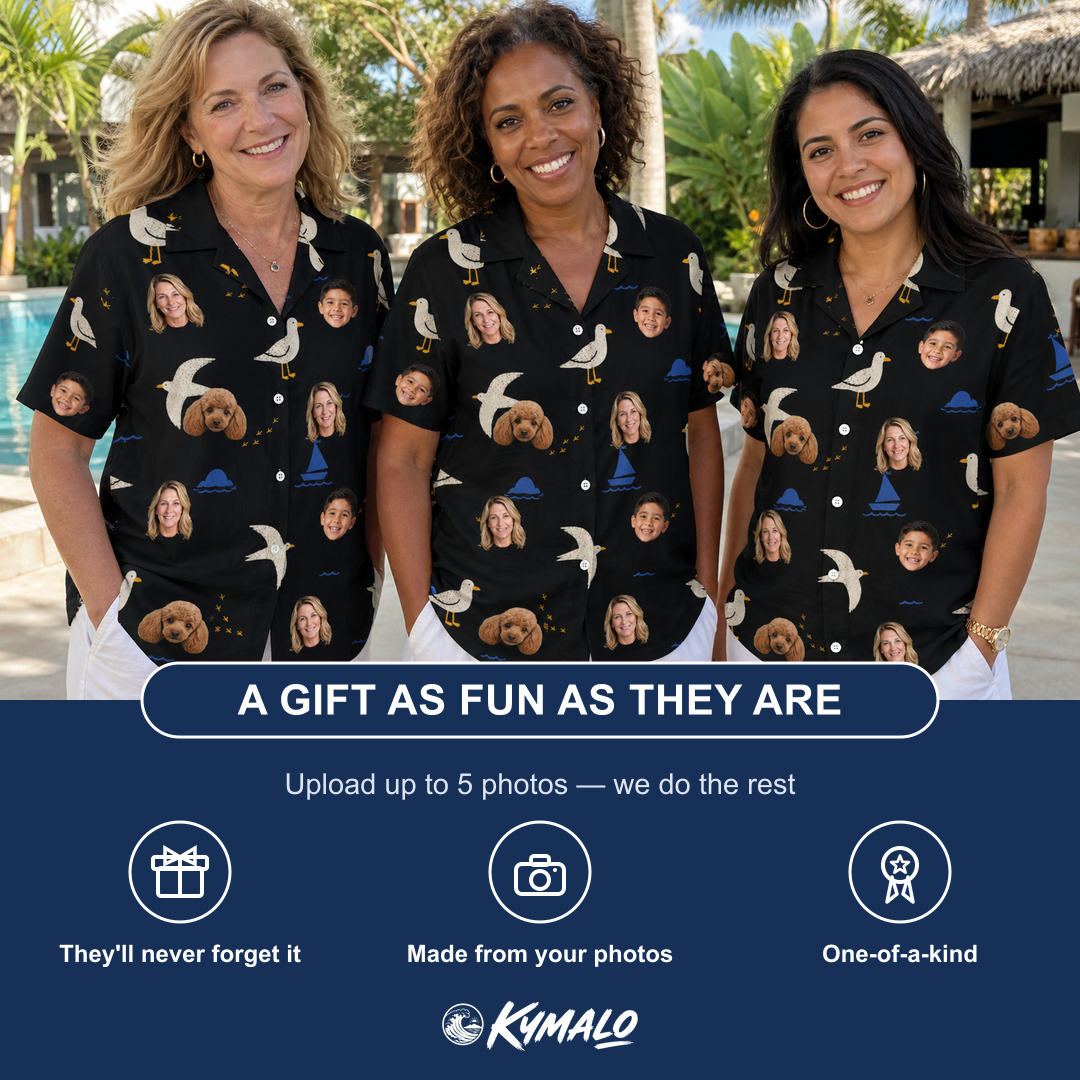 Friends in matching Women's Seagullcation Custom Face Hawaiian Shirt — a group gift photo