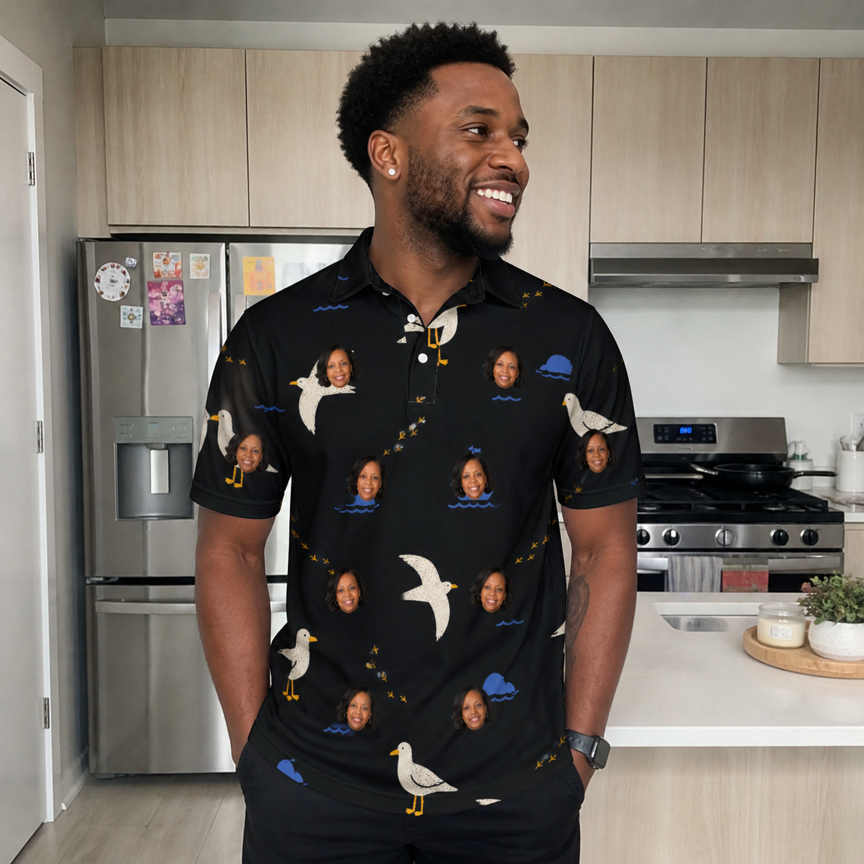 Real-life photo of someone wearing Men's Seagullcation Custom Face Polo Shirt — custom faces printed all-over