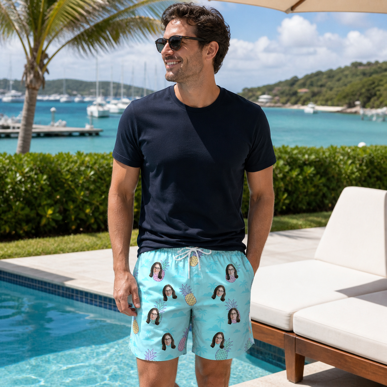 Real-life photo of someone wearing Men's Spiky Shoreline Custom Face Beach Shorts — custom faces printed all-over