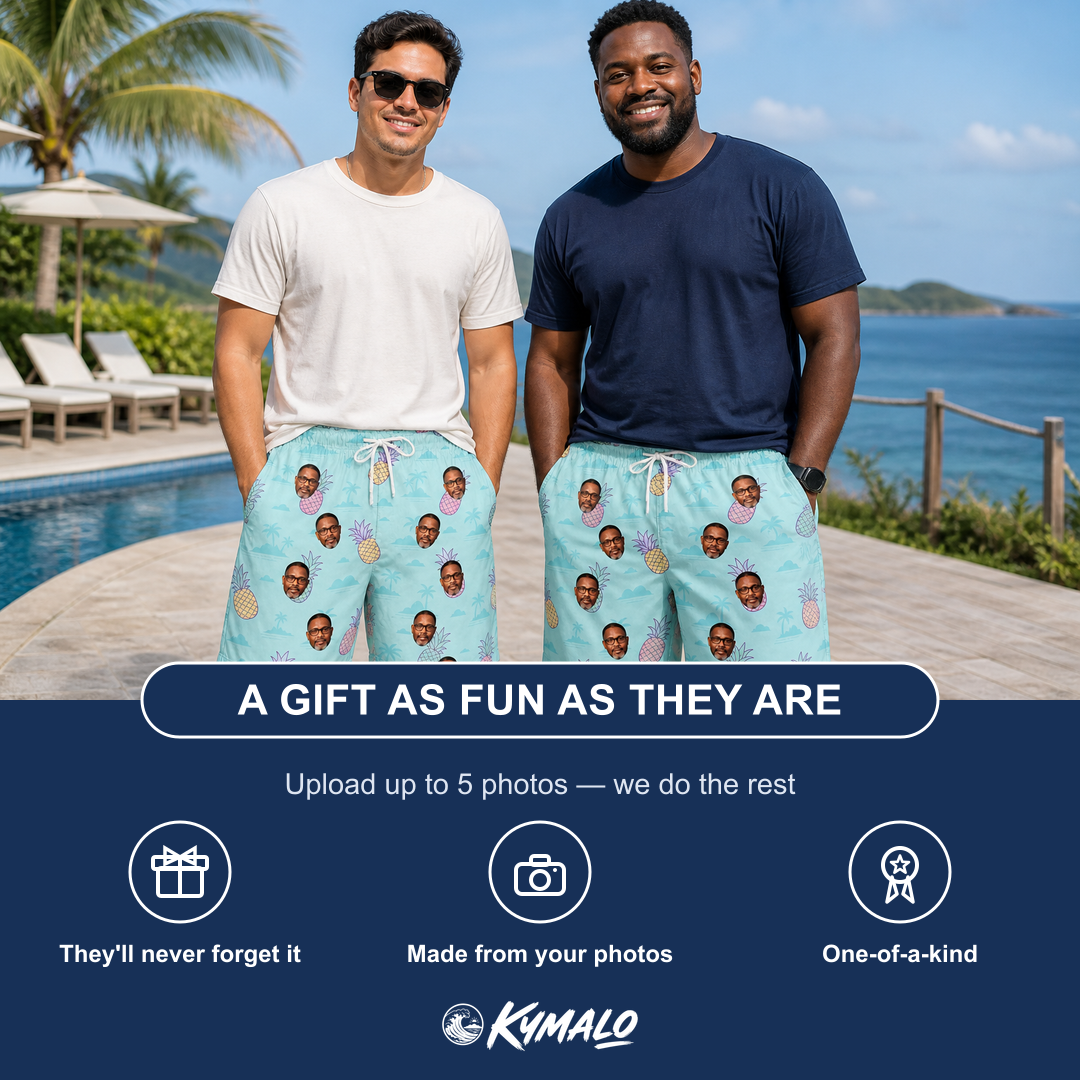Friends in matching Men's Spiky Shoreline Custom Face Beach Shorts — a group gift photo