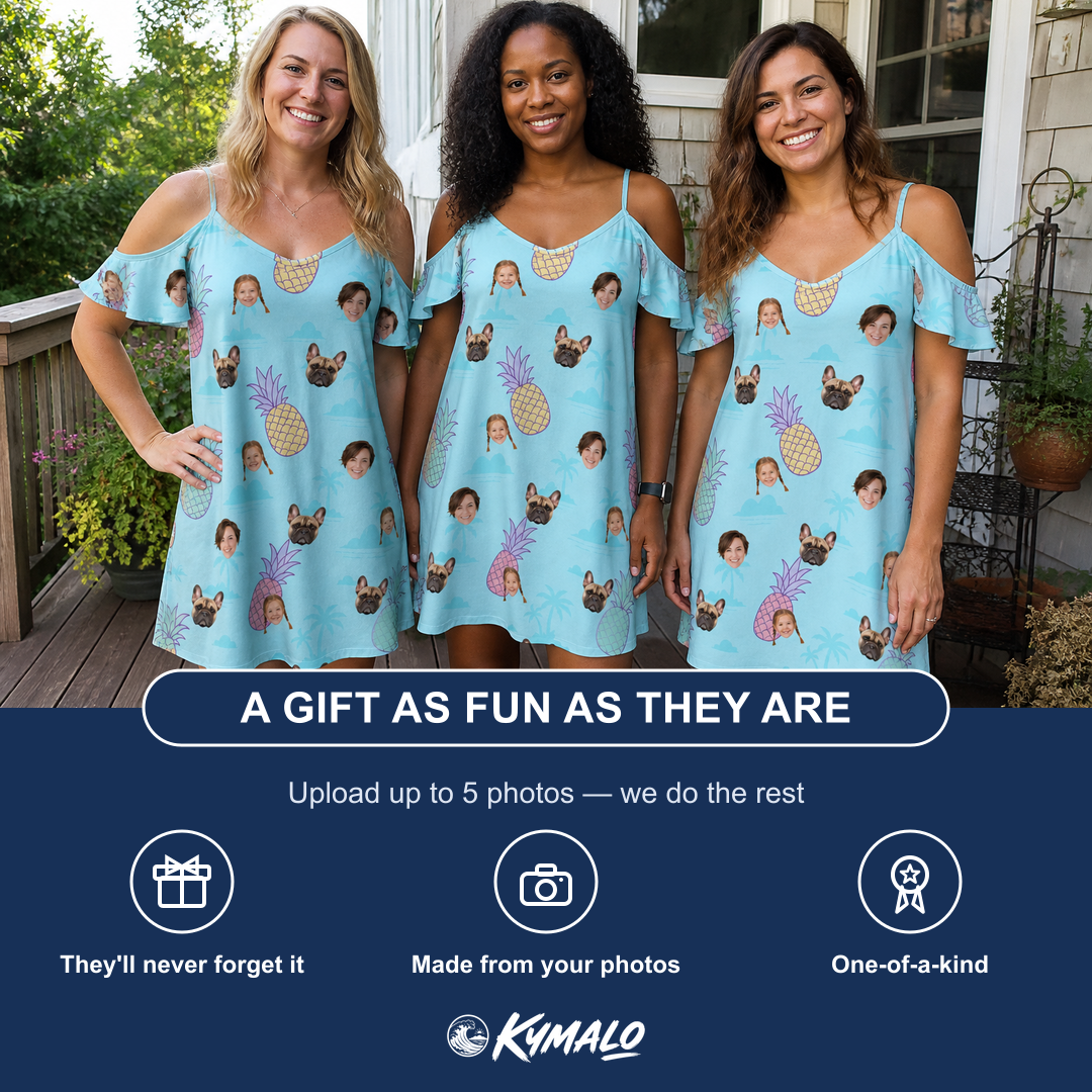 Friends in matching Women's Spiky Shoreline Custom Face Off-Shoulder Dress — a group gift photo