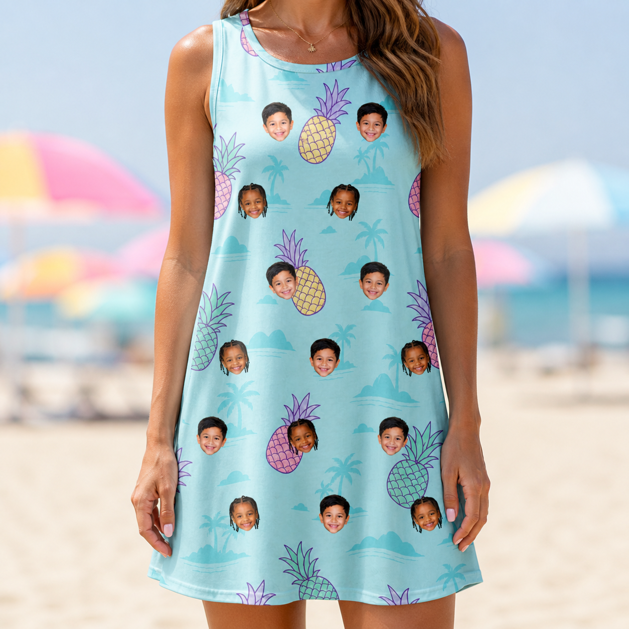 Model wearing Women's Spiky Shoreline Custom Face Tank Dress printed with kids' faces