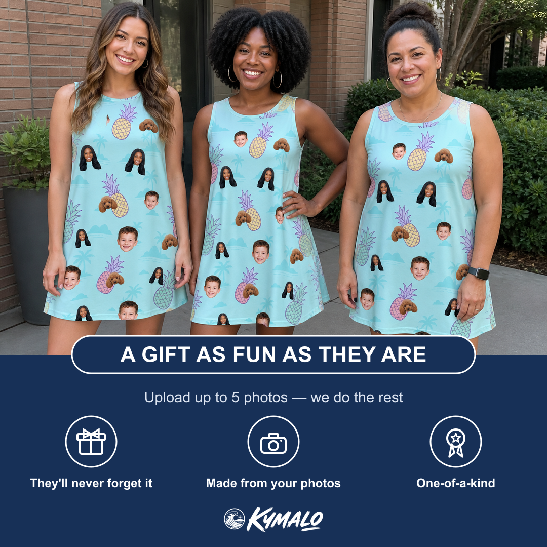 Friends in matching Women's Spiky Shoreline Custom Face Tank Dress — a group gift photo