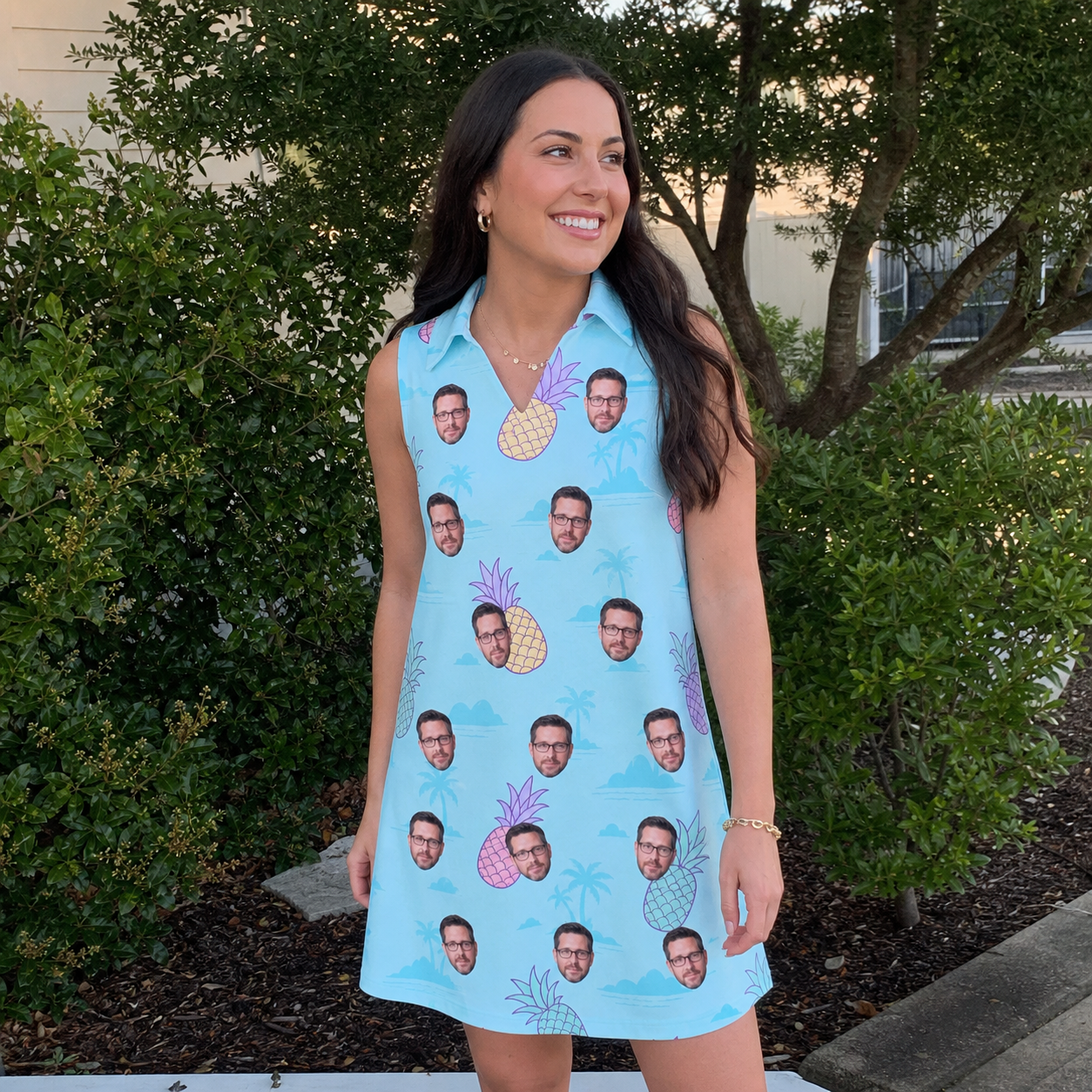 Real-life photo of someone wearing Women's Spiky Shoreline Custom Face V-Neck Dress — custom faces printed all-over