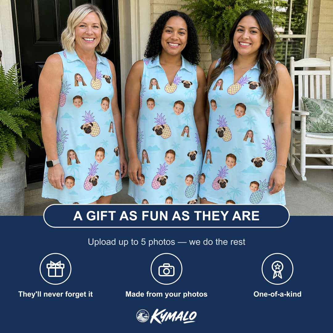 Friends in matching Women's Spiky Shoreline Custom Face V-Neck Dress — a group gift photo
