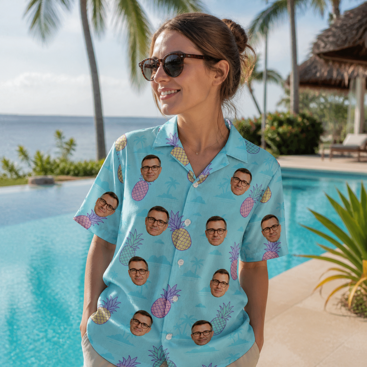 Real-life photo of someone wearing Women's Spiky Shoreline Custom Face Hawaiian Shirt — custom faces printed all-over