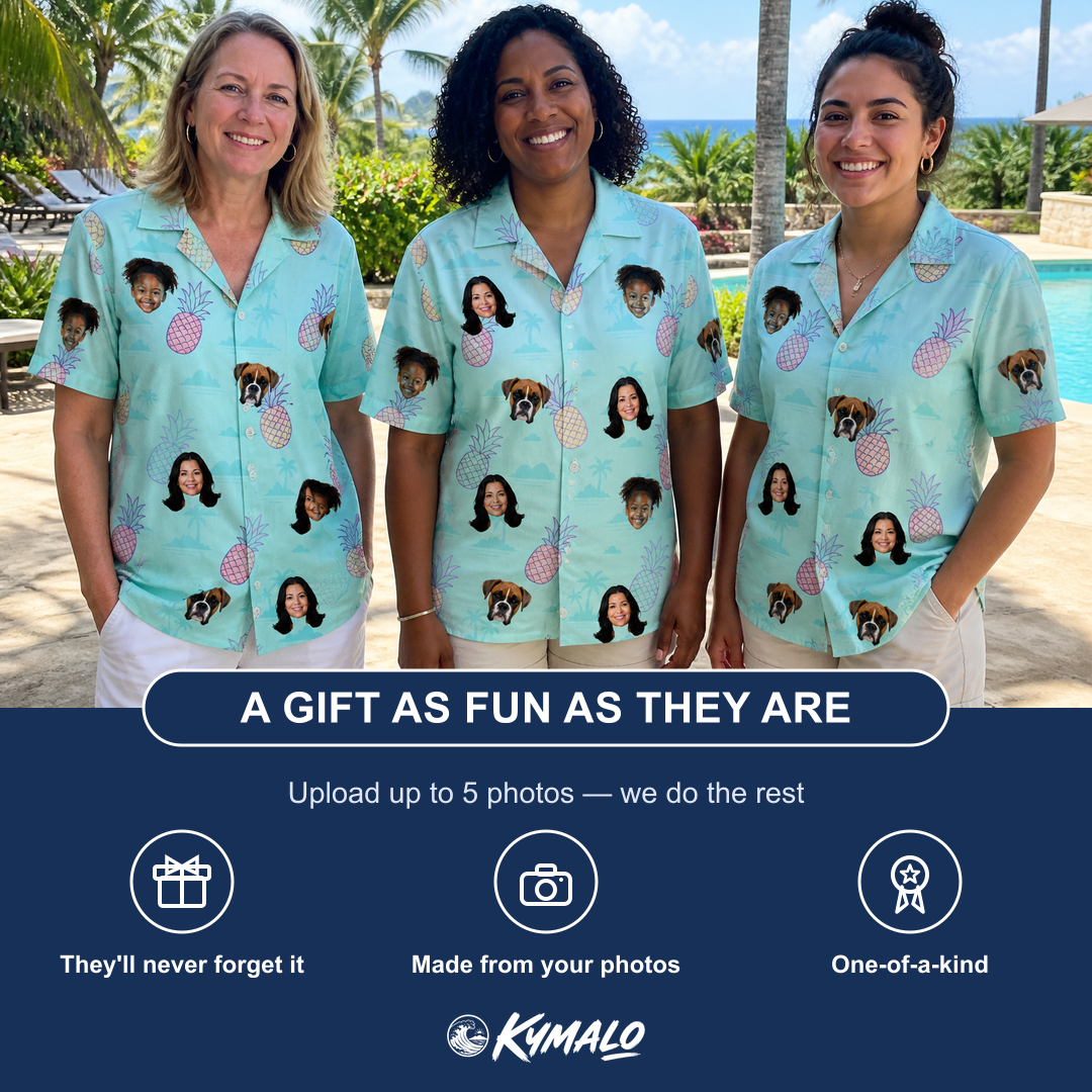 Friends in matching Women's Spiky Shoreline Custom Face Hawaiian Shirt — a group gift photo
