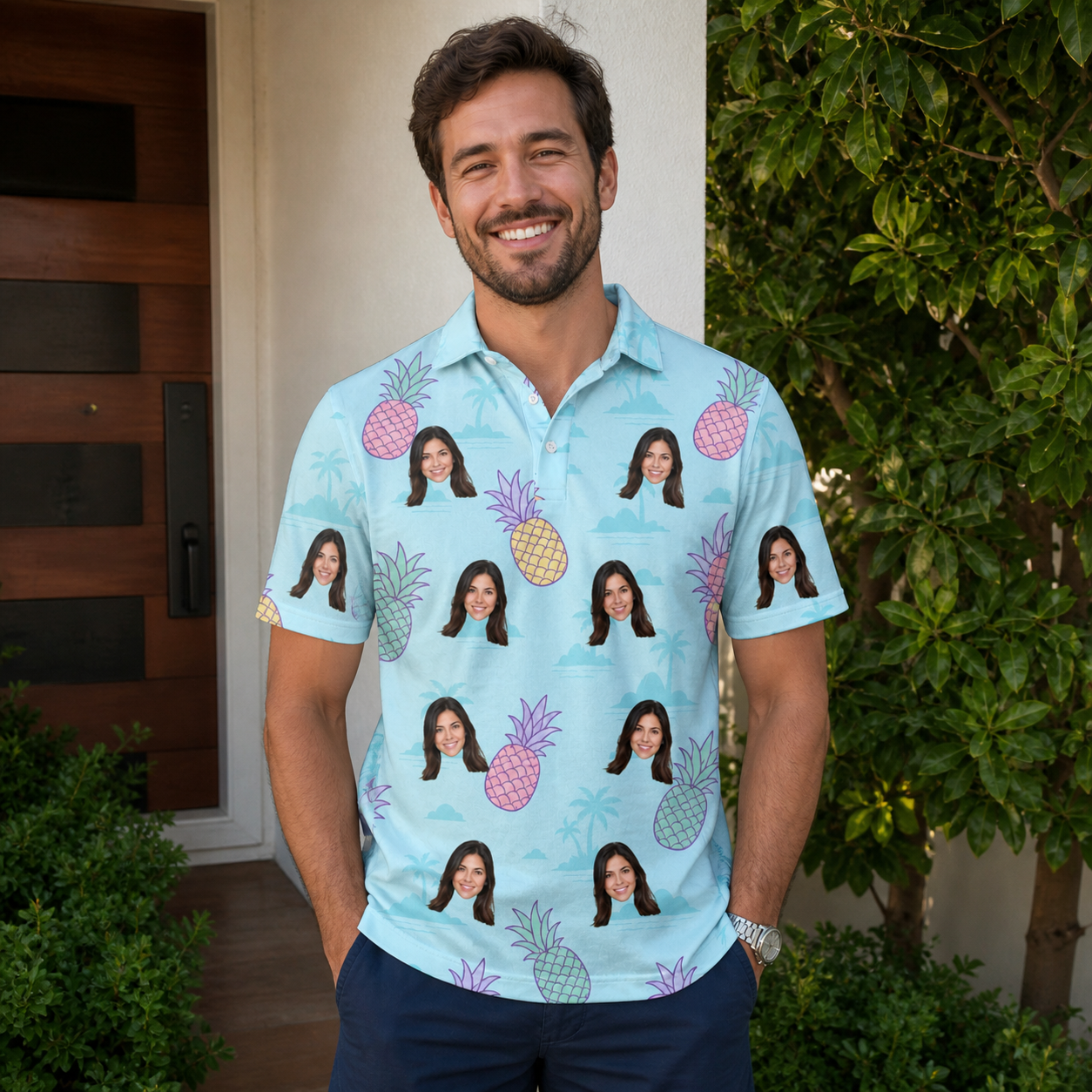 Real-life photo of someone wearing Men's Spiky Shoreline Custom Face Polo Shirt — custom faces printed all-over