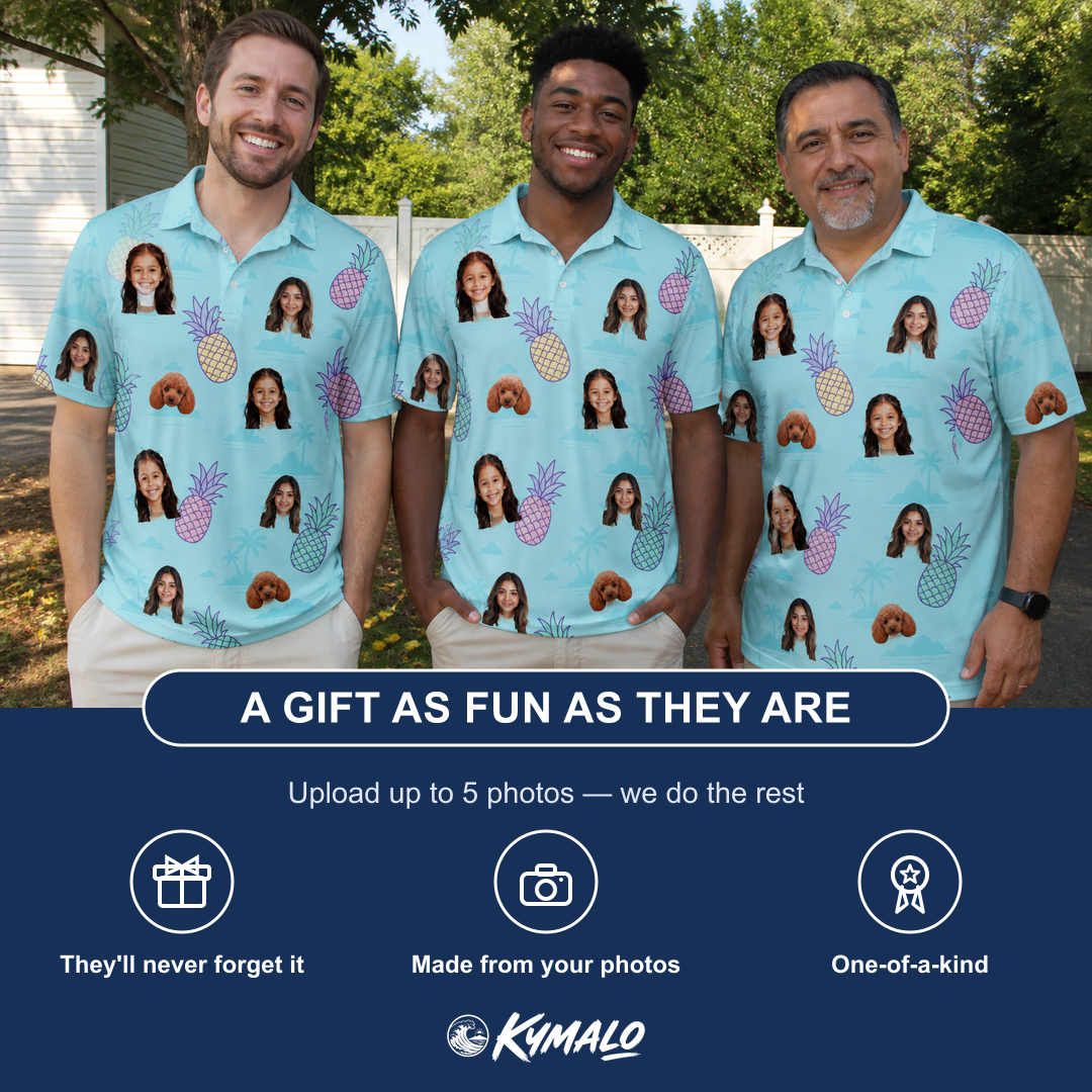 Friends in matching Men's Spiky Shoreline Custom Face Polo Shirt — a group gift photo