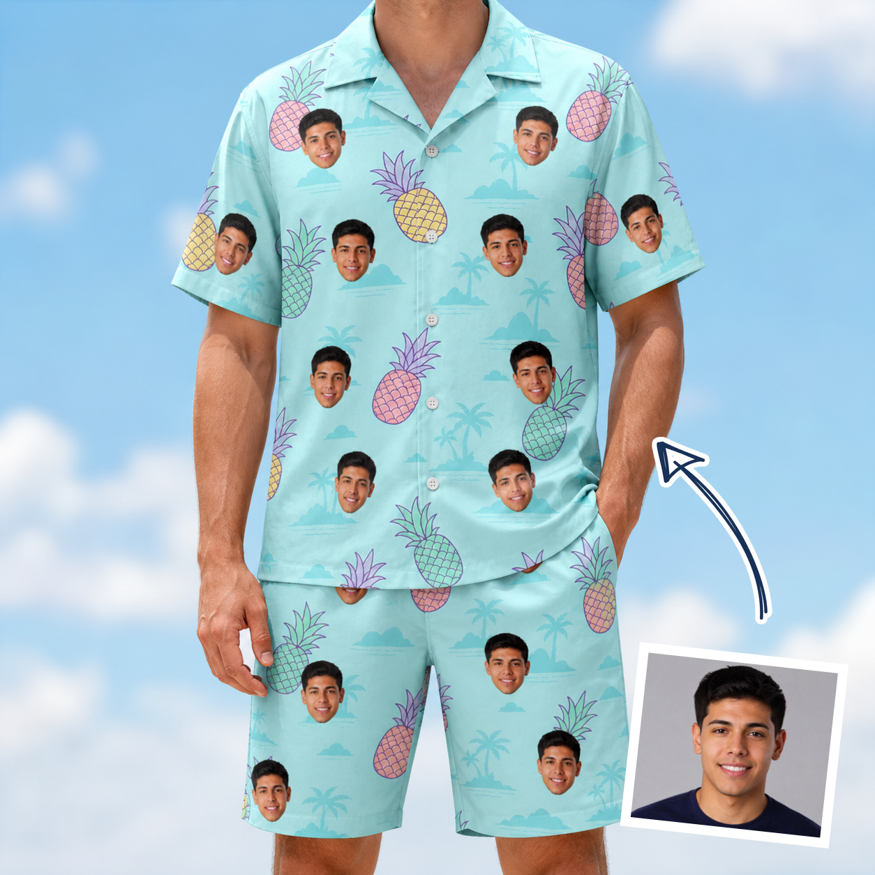Man wearing Men's Spiky Shoreline Custom Face Shirt & Shorts Set — custom faces printed all-over