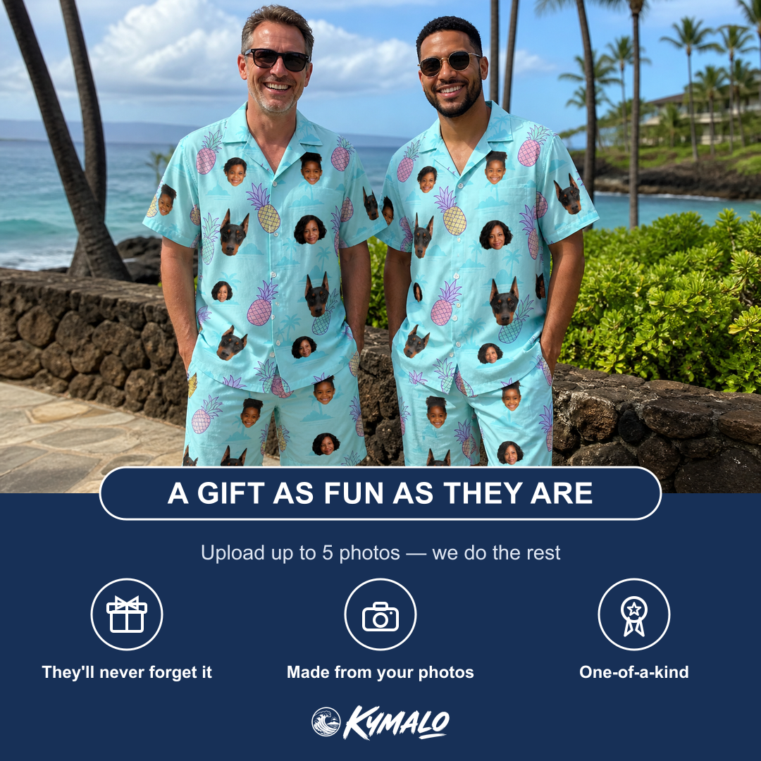 Friends in matching Men's Spiky Shoreline Custom Face Shirt & Shorts Set — a group gift photo