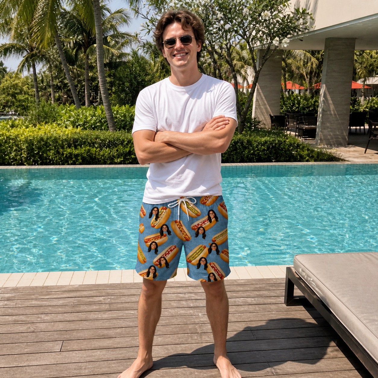 Real-life photo of someone wearing Men's Bunited States Custom Face Beach Shorts — custom faces printed all-over