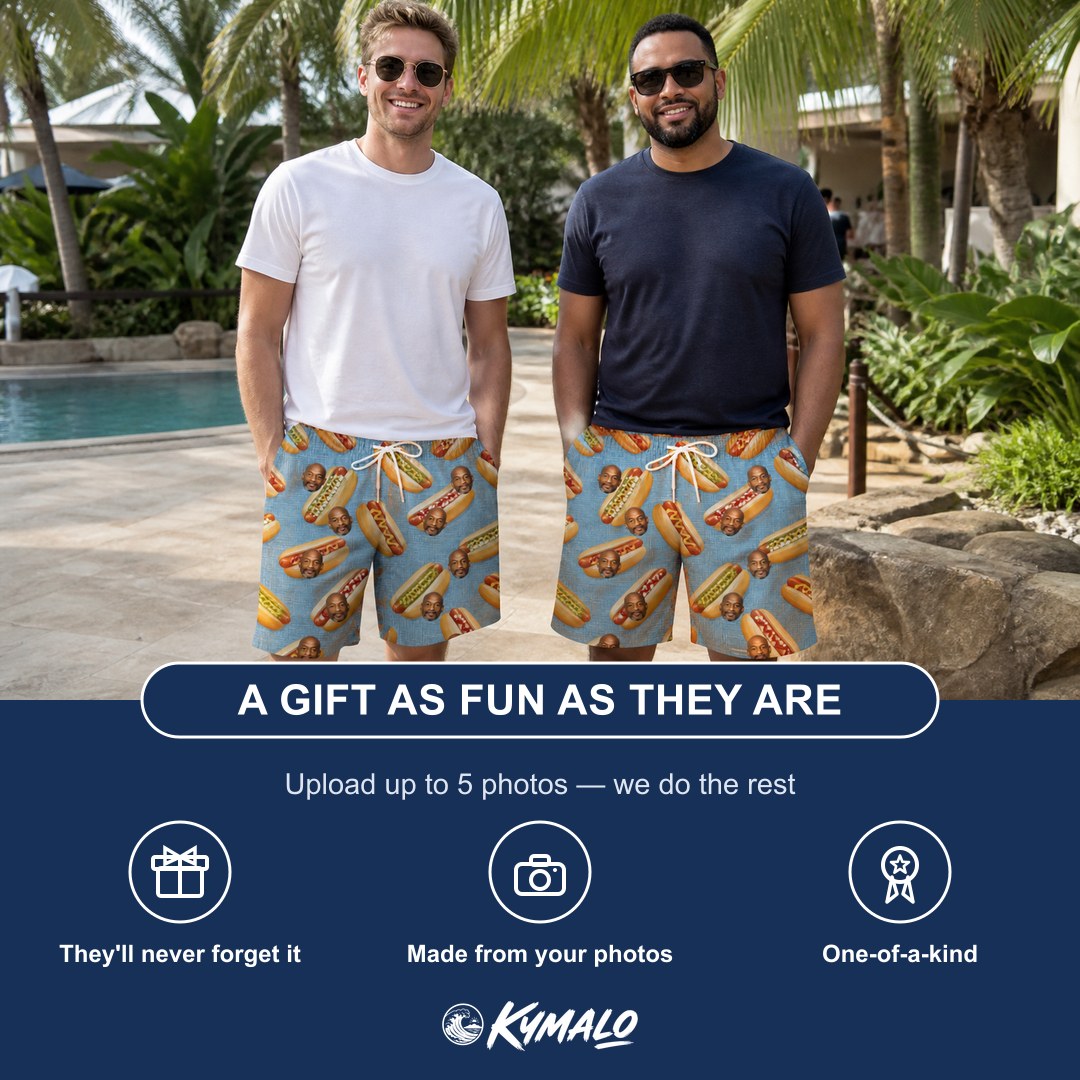 Friends in matching Men's Bunited States Custom Face Beach Shorts — a group gift photo