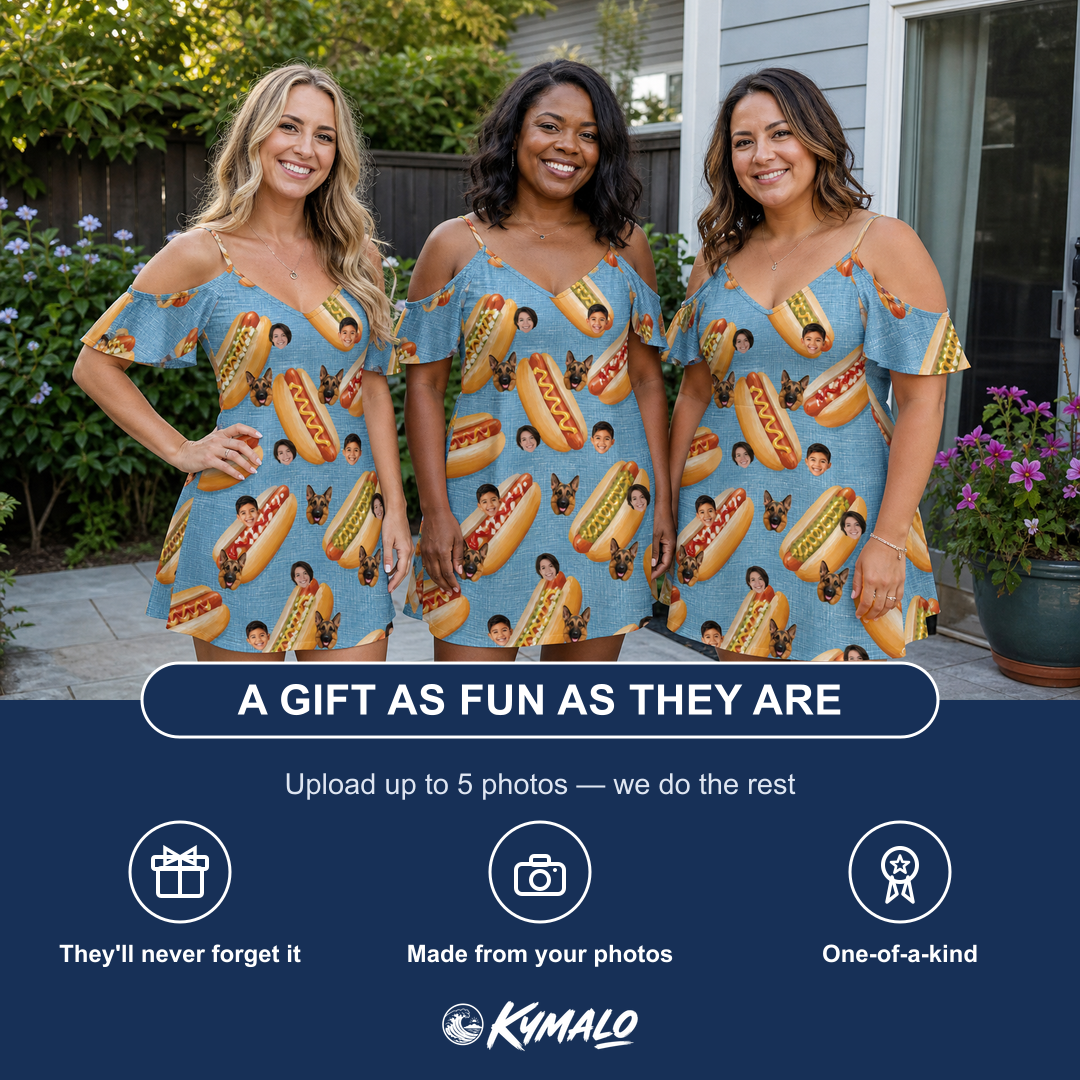Friends in matching Women's Bunited States Custom Face Off-Shoulder Dress — a group gift photo
