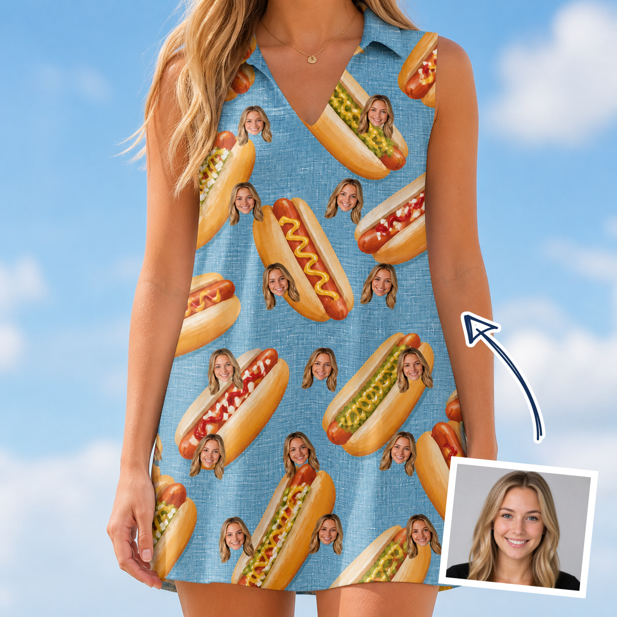 Woman wearing Women's Bunited States Custom Face V-Neck Dress — custom faces printed all-over