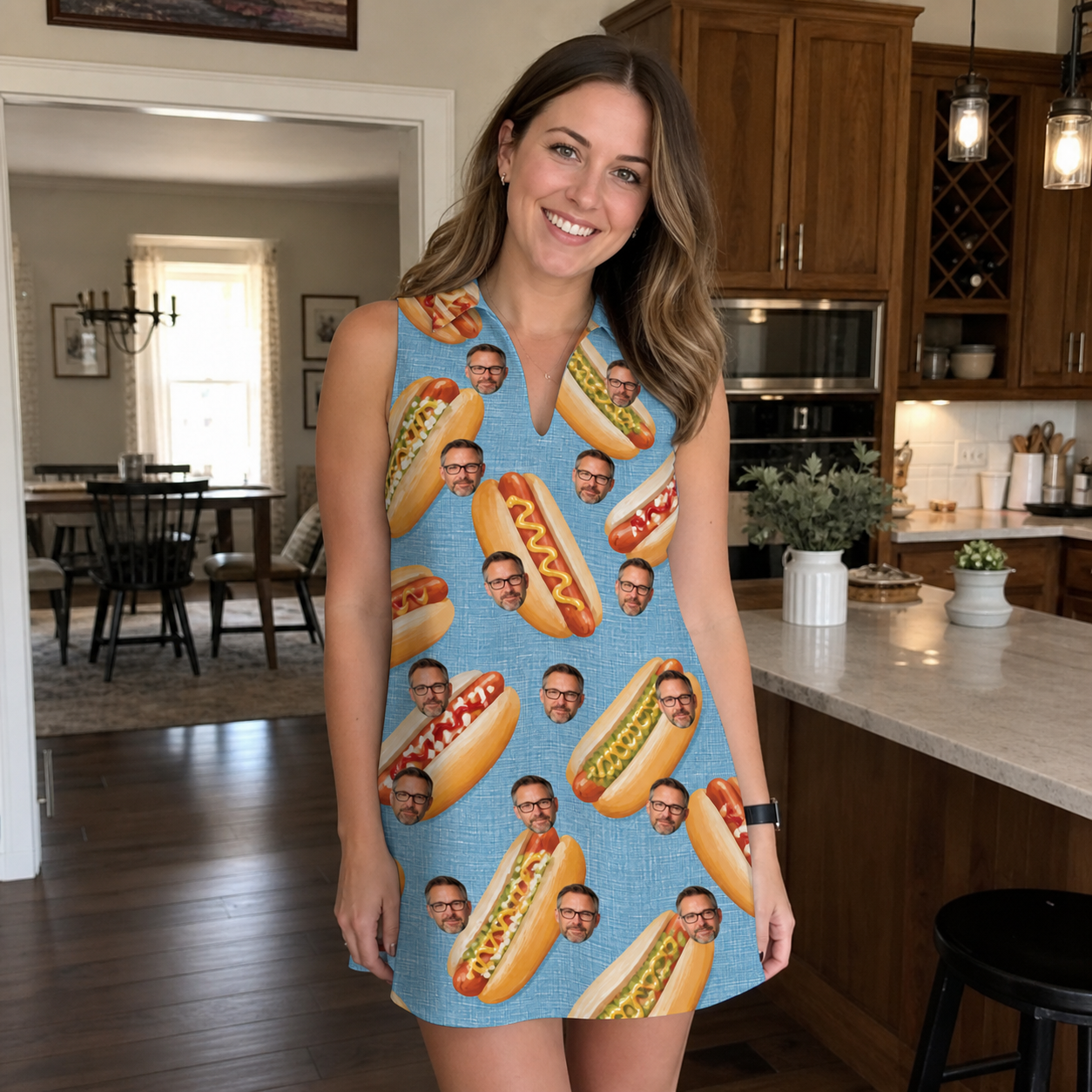 Real-life photo of someone wearing Women's Bunited States Custom Face V-Neck Dress — custom faces printed all-over