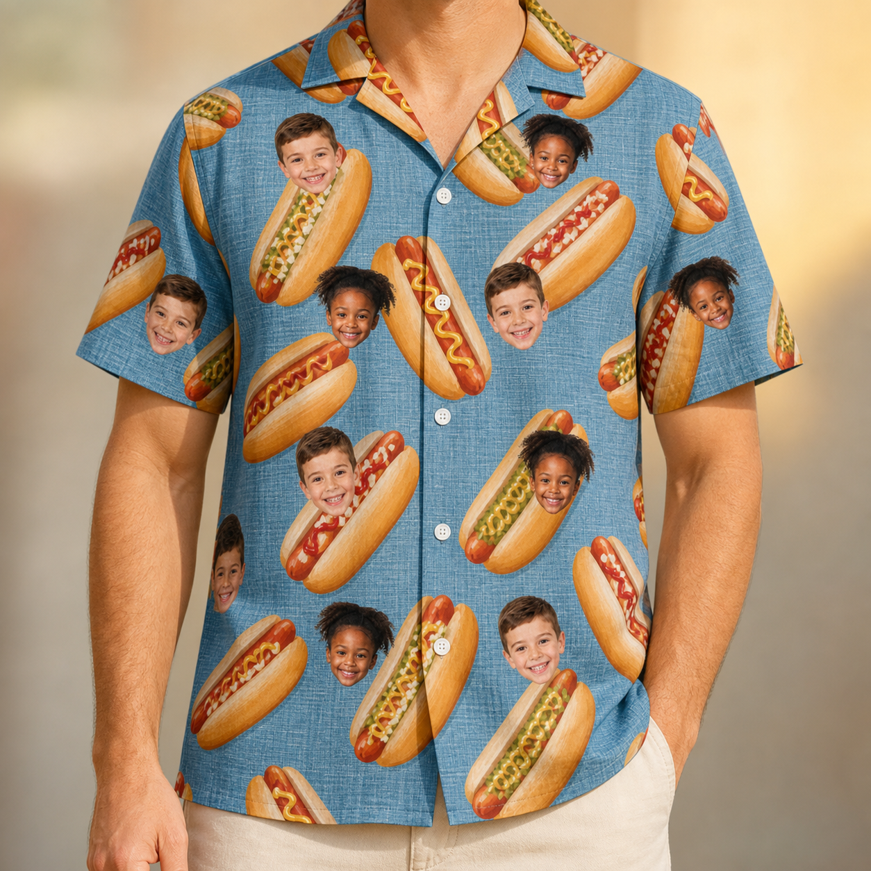 Model wearing Men's Bunited States Custom Face Hawaiian Shirt printed with kids' faces