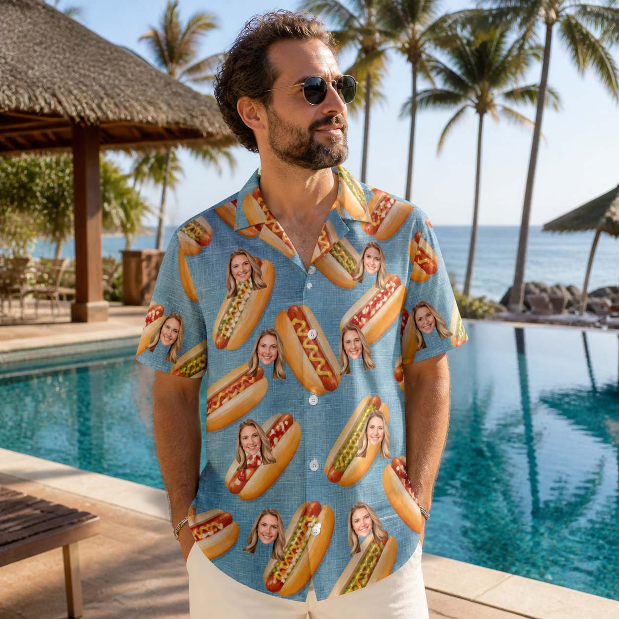 Real-life photo of someone wearing Men's Bunited States Custom Face Hawaiian Shirt — custom faces printed all-over